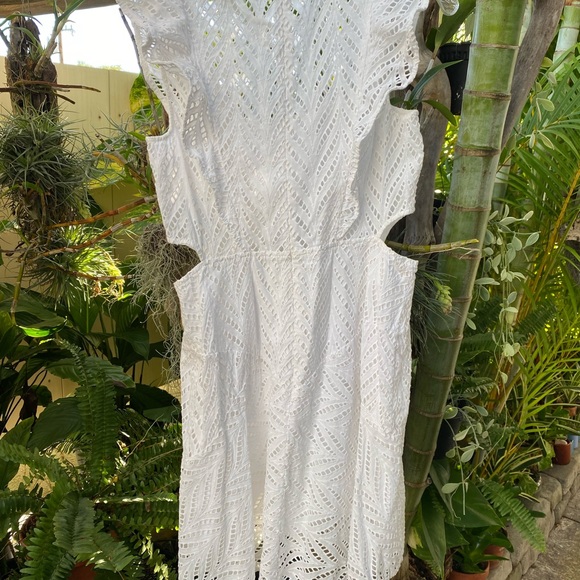 Bardot Beautiful White Eyelet Lace Dress With Peek-A-Boo Cut Outs On Sides - Picture 6 of 8